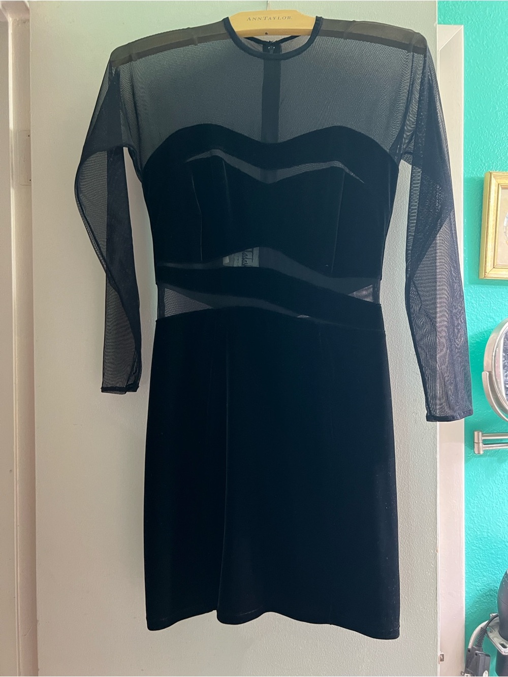 Little Black Dress - Velvet & Mesh Long-Sleeve Bodycon Dress (Petite Medium)